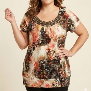 Avenue Plus Size Beaded Scoop Neck Tunic in Cream, Brown & Rust